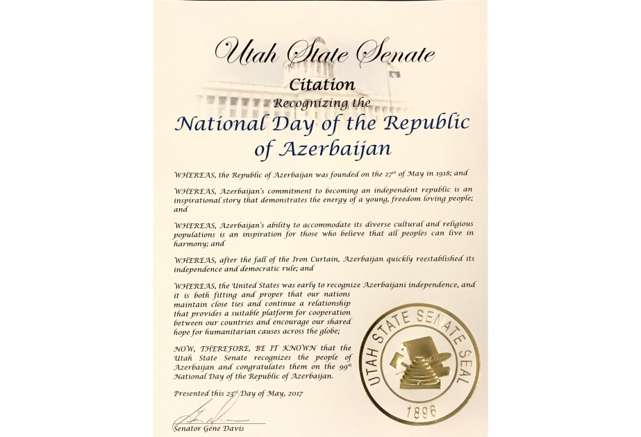 Сенат американского штата Юта принял поздравительное заявление по случаю Дня Республики