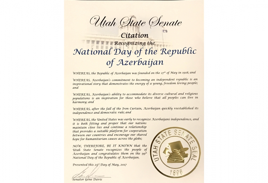 Utah State Senate signs citation congratulating people of Azerbaijan on Republic Day
