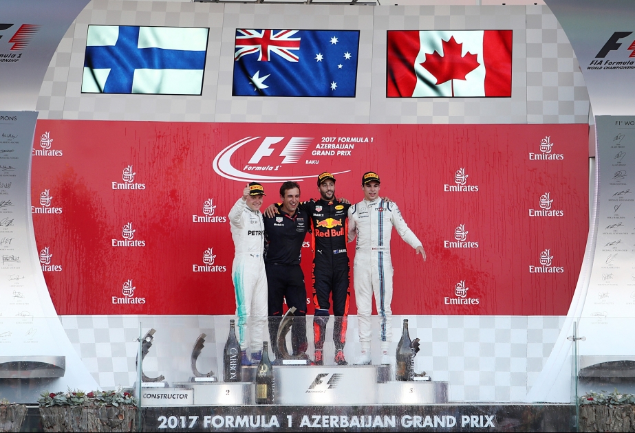 Red Bull Racing's Daniel Ricciardo wins Azerbaijan Grand Prix President Ilham Aliyev presented the cup to the winner