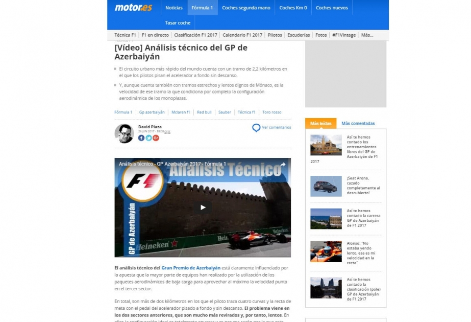 İspaniya portalında Formula-1 Azərbaycan Qran-Prisindən yazılıb
