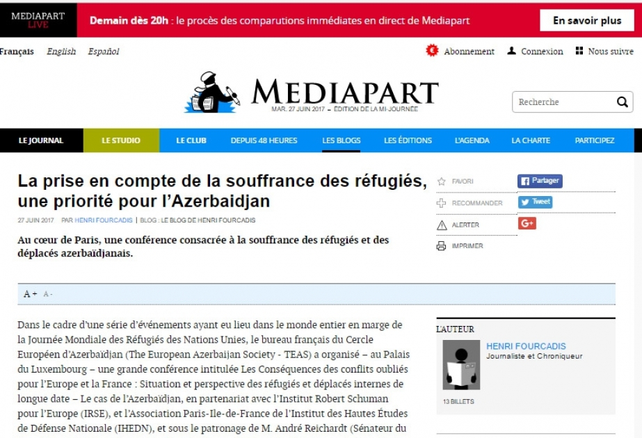 Fransa portalı: Qaçqınlara diqqət Azərbaycan üçün prioritet məsələdir