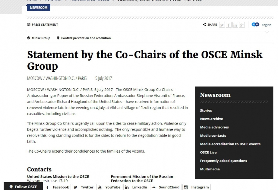 Les coprésidents du Groupe de Minsk ont publié une déclaration sur la nouvelle provocation de l’armée arménienne