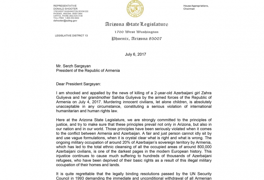 نائب مجلس النواب الأمريكي يوجه رسالة مفتوحة إلى رئيس أرمينيا يتهمه بقتل الطفلة زهراء