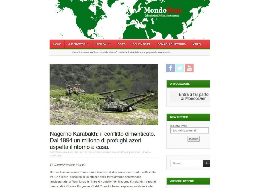 Italian Mondo Democratico newspaper highlights Armenian armed forces' murdering Azerbaijani civilans