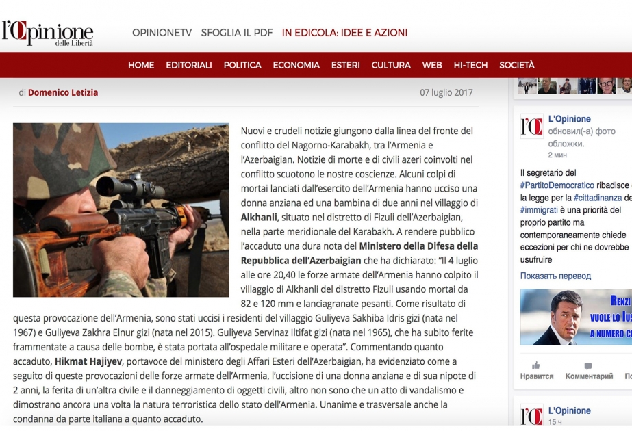 Italian L’Opinione newspaper highlights Armenia’s crimes againt Azerbaijani civilians