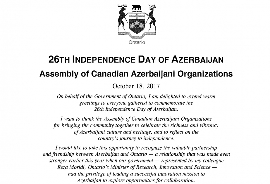 Ontario Premier offers independence day greetings to Assembly of Canadian Azerbaijani Organizations
