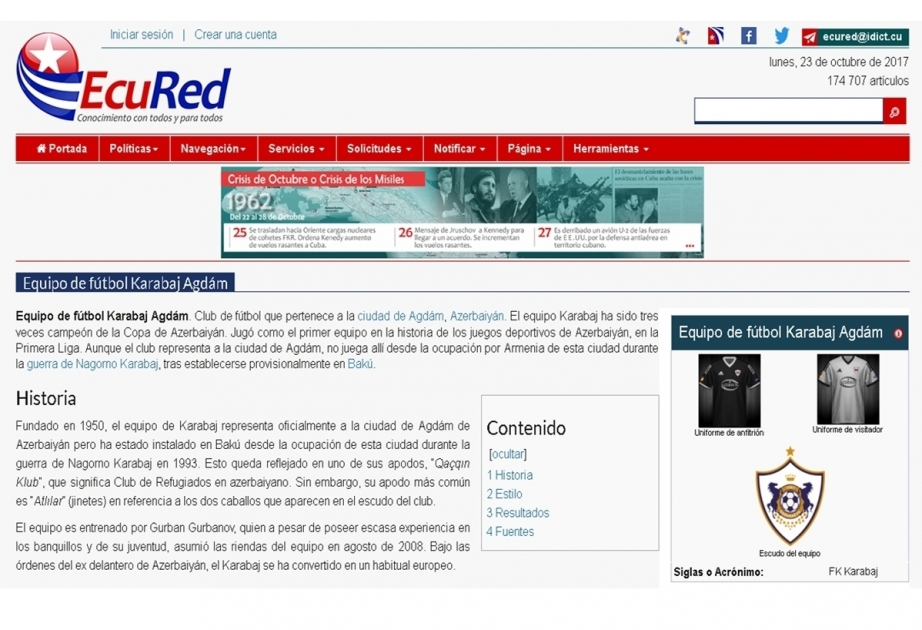 Kubanın “EcuRed” internet ensiklopediyasına “Qarabağ” futbol klubu haqda məqalə əlavə edilib
