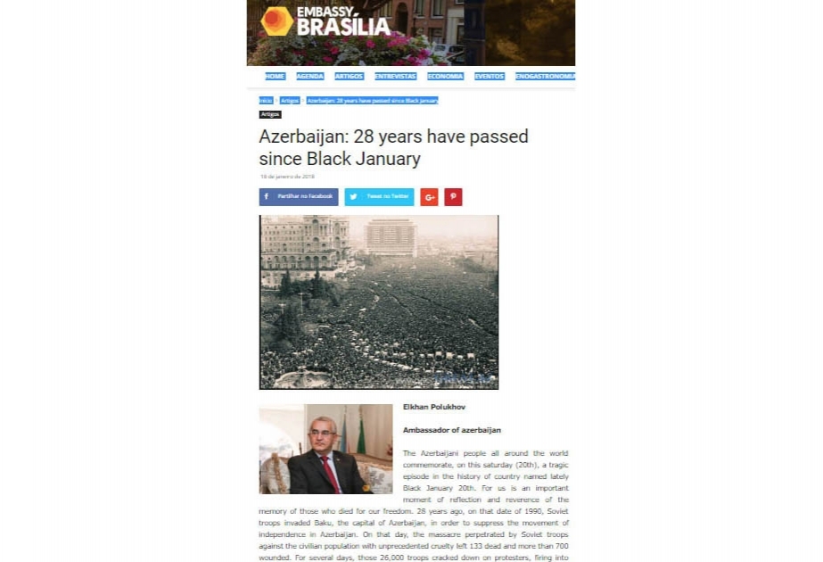 Braziliya mətbuatında 20 Yanvar faciəsi ilə bağlı məqalə dərc olunub