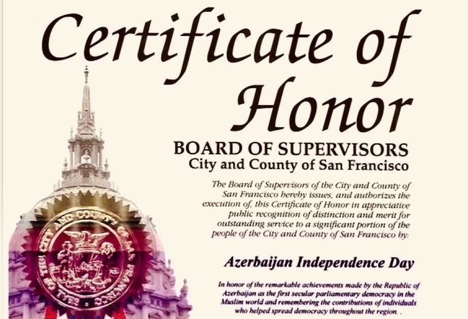 San Francisco issues Certificate of Honor on Azerbaijan’s Independence Day