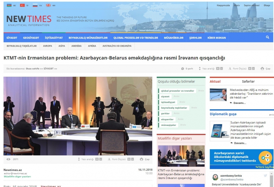 KTMT-nin Ermənistan problemi: Azərbaycan-Belarus əməkdaşlığına rəsmi İrəvanın qısqanclığı