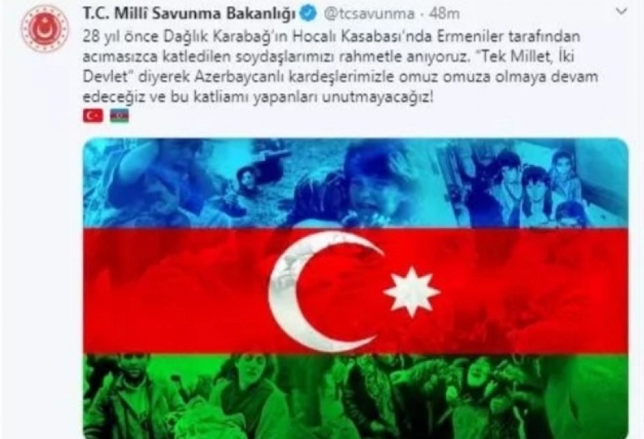 Türkiyənin Milli Müdafiə Nazirliyi Xocalı soyqırımının 28-ci ildönümü ilə bağlı paylaşım edib