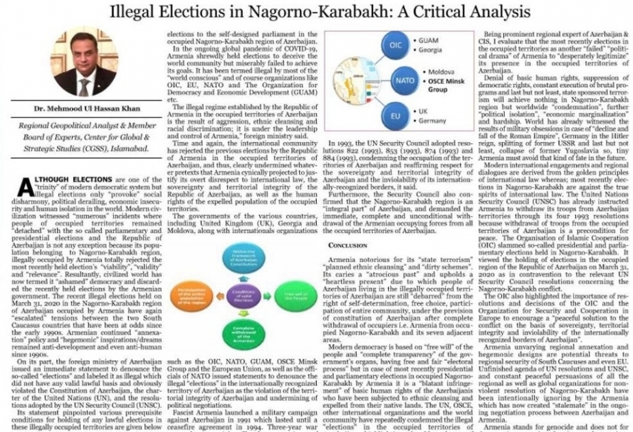 Pakistan’s Center for Global and Strategic Studies publishes article condemning so-called “elections” in Nagorno-Karabakh