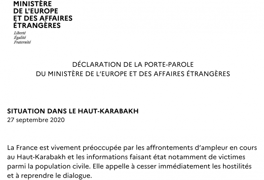 Министерство иностранных дел Франции распространило заявление в связи с ситуацией в Нагорном Карабахе
