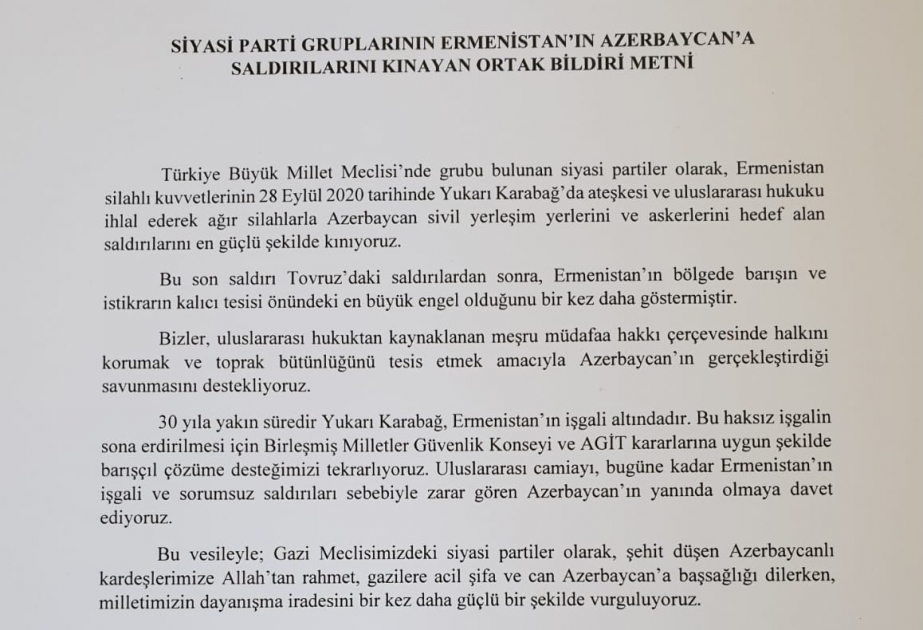 Turkish parties condemn Armenian attack on Azerbaijan