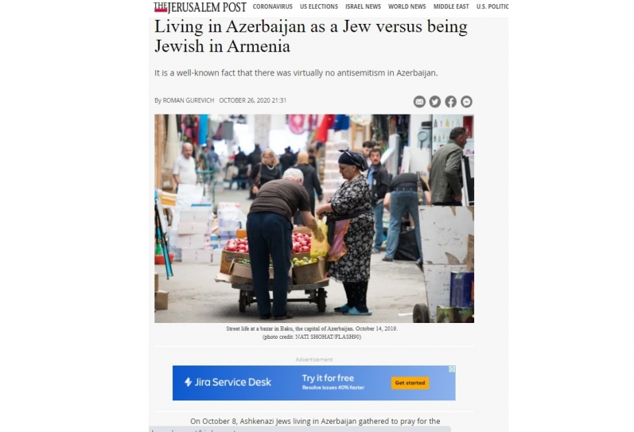 “The Jerusalem Post” qəzeti Azərbaycandakı tolerantlıqdan, Ermənistandakı antisemitizmdən bəhs edir