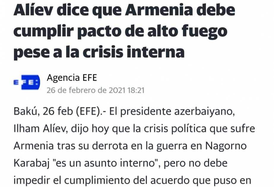 EFE: Ильхам Алиев заявил, что Армения должна соблюдать договор о прекращении огня, несмотря на внутренний кризис