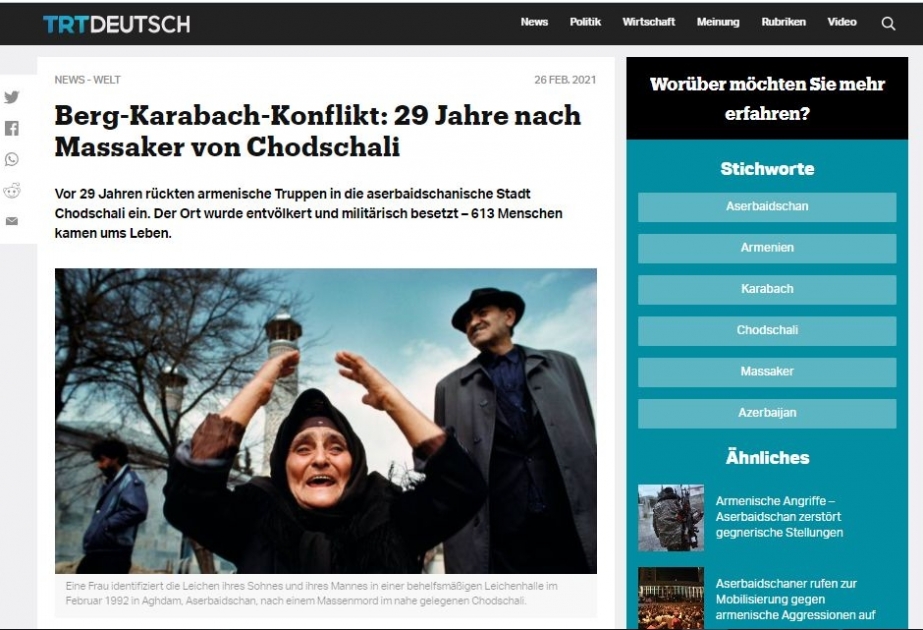 Издание trtdeutsch.com опубликовало еще одну статью о Ходжалинской резне