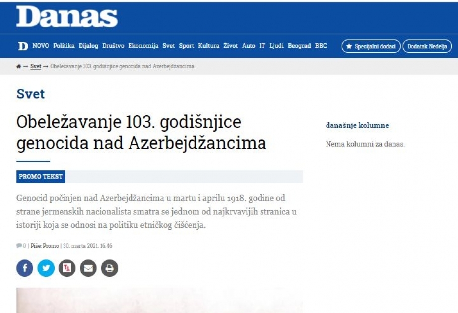Сербское издание опубликовало статью о геноциде азербайджанцев