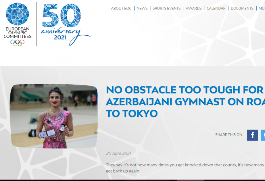 El Comité Olímpico Europeo publica un artículo sobre la gimnasta azerbaiyana