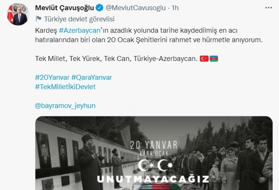 Türkischer Außenminister teilt auf Twitter einen Beitrag zur 20. Januartragödie 1990 in Baku
