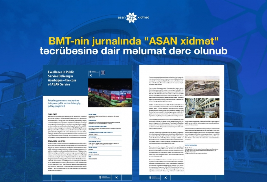 BMT-nin jurnalında “ASAN xidmət” təcrübəsinə dair məlumat dərc olunub