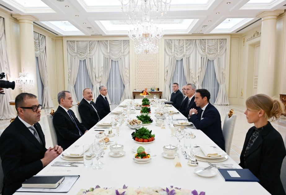 Prezident İlham Əliyevin NATO-nun Baş katibi ilə şam yeməyi əsnasında geniş tərkibdə görüş olub VİDEO