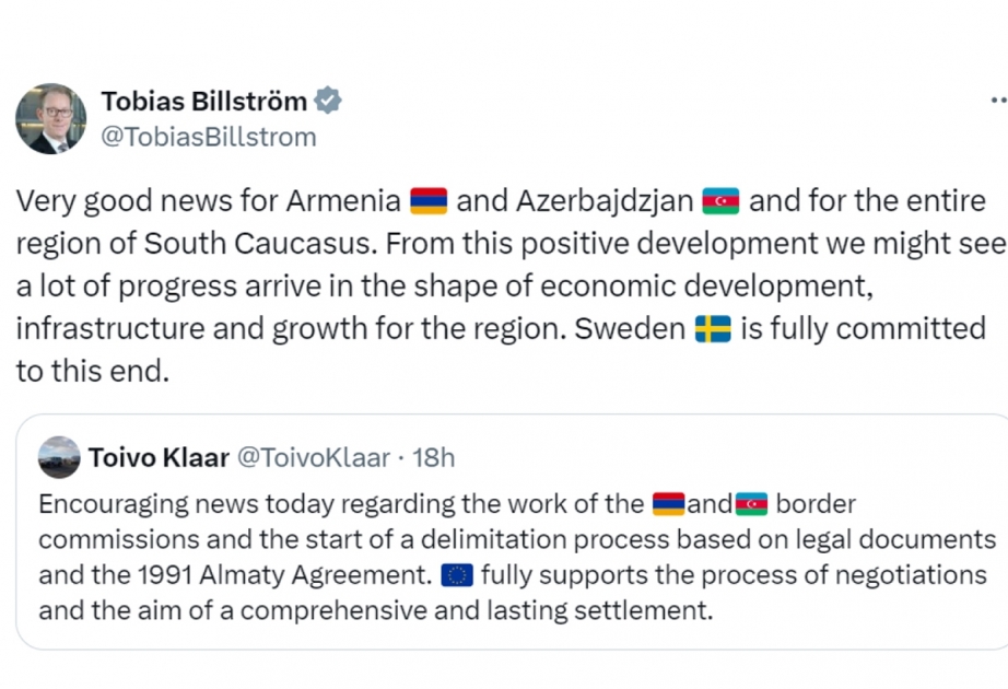 Министр иностранных дел Швеции поделился публикацией о возвращении Азербайджану сел Газахского района