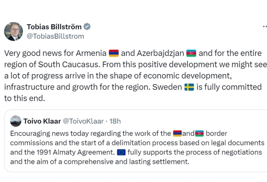 Swedish Foreign Minister welcomes agreement on border delimitation between Armenia and Azerbaijan