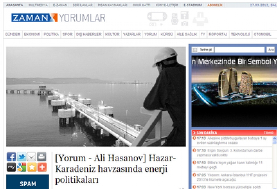 Turkey`s “Zaman” newspaper publishes article on energy policy in Caspian-Black Sea basin by Azerbaijani professor