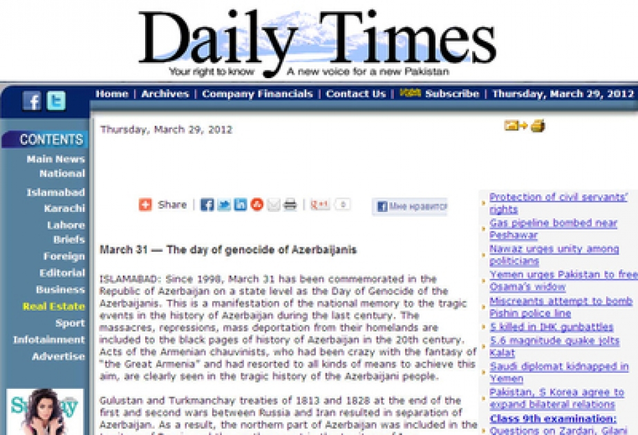Pakistanın nüfuzlu “Daily Times” qəzetində 31 mart - Azərbaycanlıların Soyqırımı Günü ilə bağlı geniş məqalə dərc edilmişdir