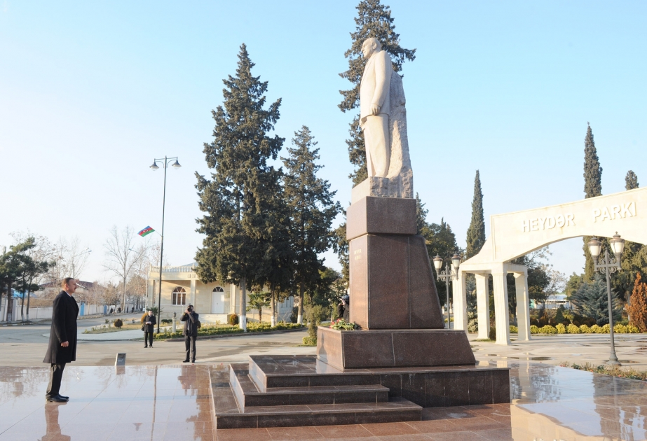 Azərbaycan Prezidenti İlham Əliyevin Goranboy rayonuna səfəri  Ümummilli lider Heydər Əliyevin abidəsini ziyarət