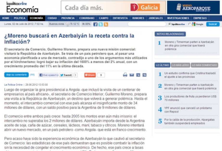 Argentine portal highlights Azerbaijan`s economic achievements