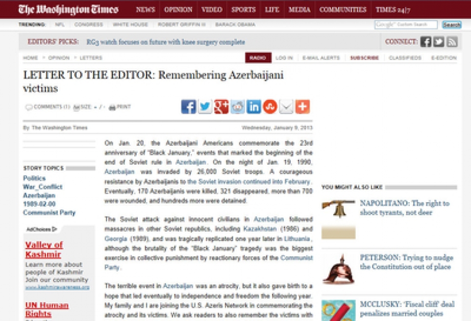 Un article concernant la tragédie du 20 Janvier publié dans le journal américain “The Washington Times”