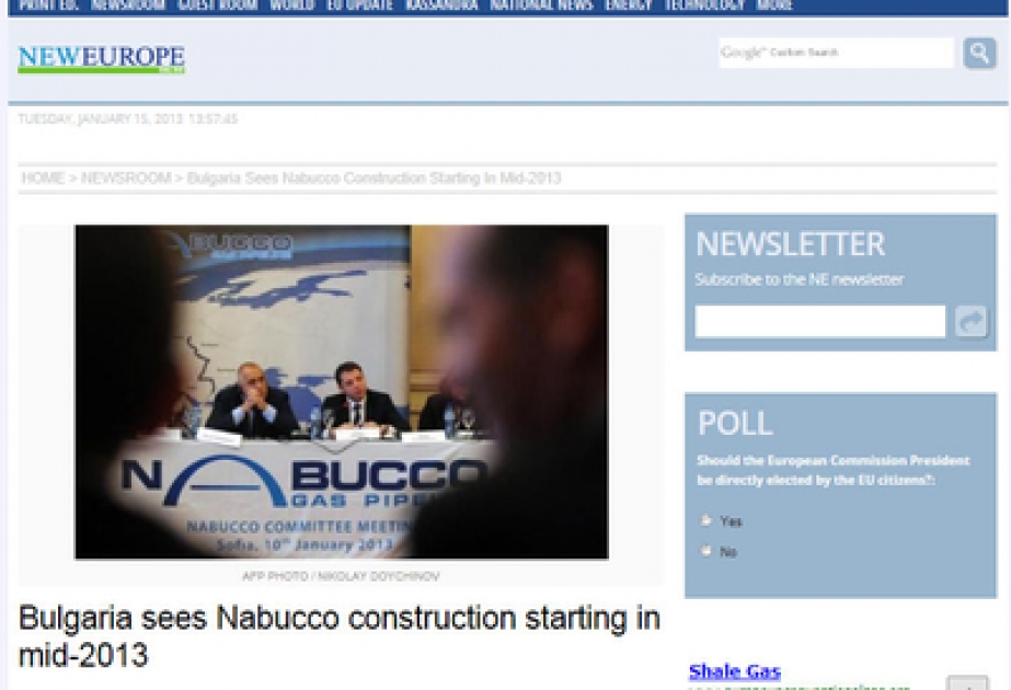 Le site analytique “NewEurope Online”: la Bulgarie considère que la construction du gazoduc Nabucco sera entamé à partir de la moitié 2013