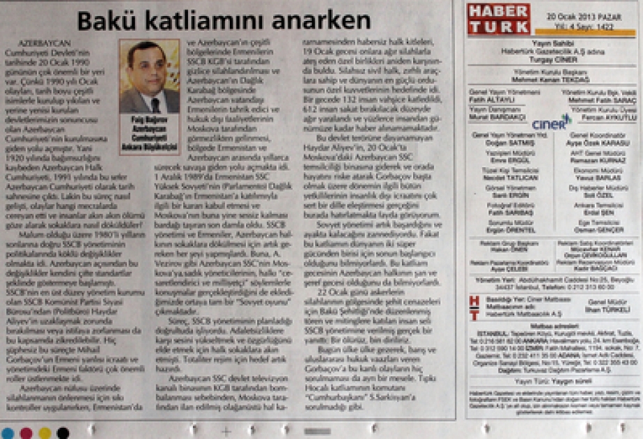Türkiyənin nüfuzlu “HaberTürk” qəzetində 20 Yanvar faciəsi haqqında yazı dərc olunmuşdur
