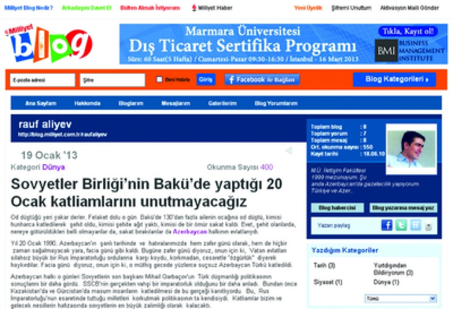 Azərbaycanlı jurnalistin 20 Yanvar haqqında məqaləsi Türkiyə mediasında