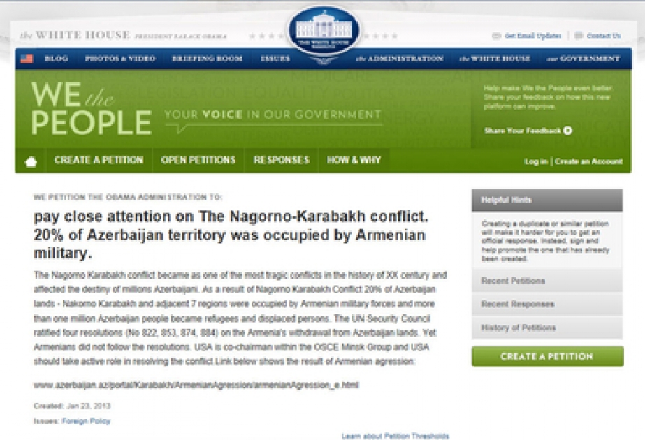 Nous l’avons fait tous ensemble !La pétition relative au conflit arméno-azerbaïdjanais du Haut-Karabagh installé sur le site officiel de la Maison Blanche a déjà recueilli 100 000 signatures