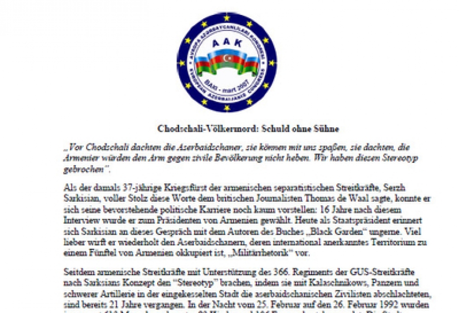 European Azerbaijanis Congress appeals to German Bundestag on Khojaly genocide