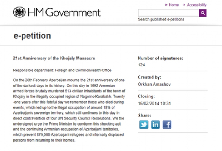 Une pétition relative au génocide de Khodjaly installée sur le site du gouvernement britannique