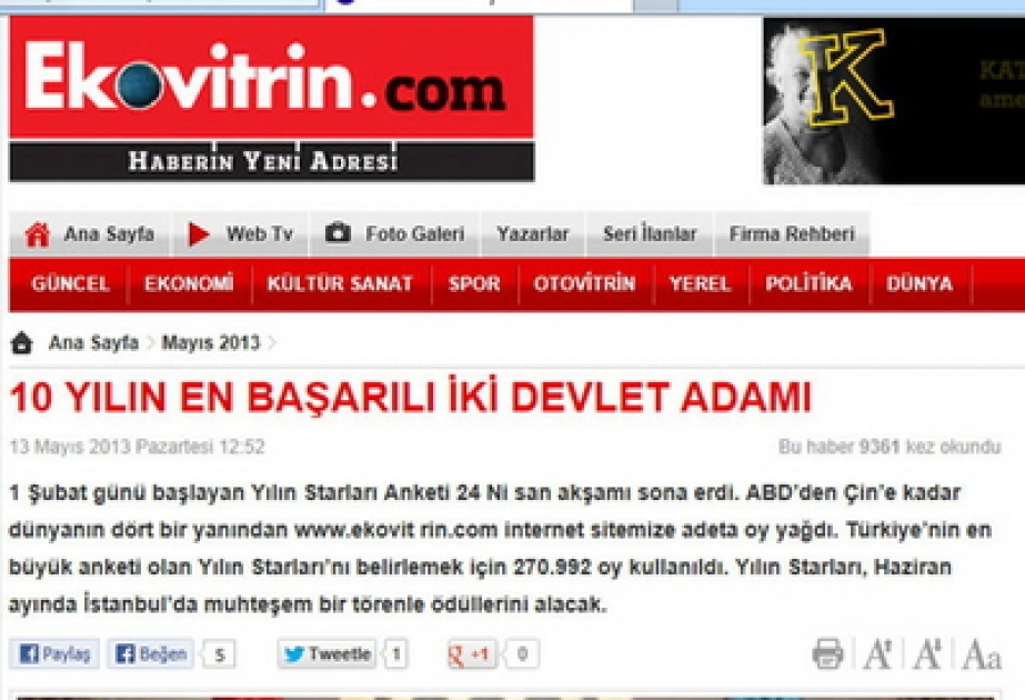 Ilham Aliyev est élu « l’homme d’Etat de 10 ans » dans les pays turcophones, en Asie Centrale et au Caucase du Sud par le magazine turc «Ecovitrin»