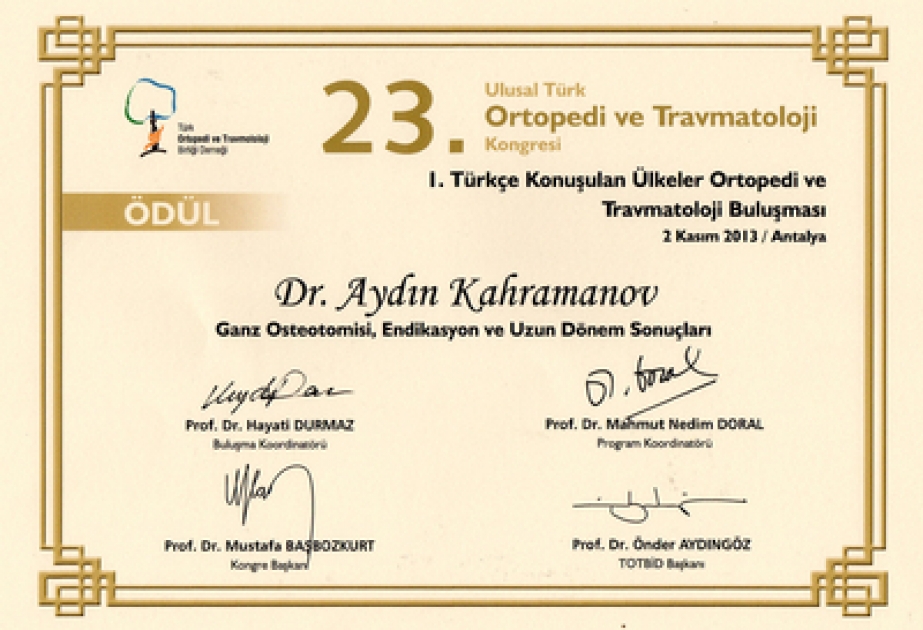 Azərbaycan ortoped-travmatoloqları Türkiyə Ortopedlər və Travmatoloqlar Birliyi Dərnəyinin mükafatlarına layiq görülmüşlər