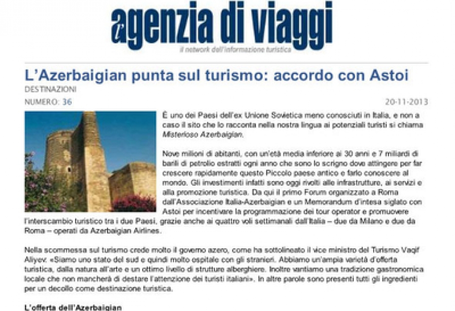 Le potentiel touristique de l’Azerbaïdjan sur le site de l’agence de presse italienne «L'Agenzia di Viaggi»