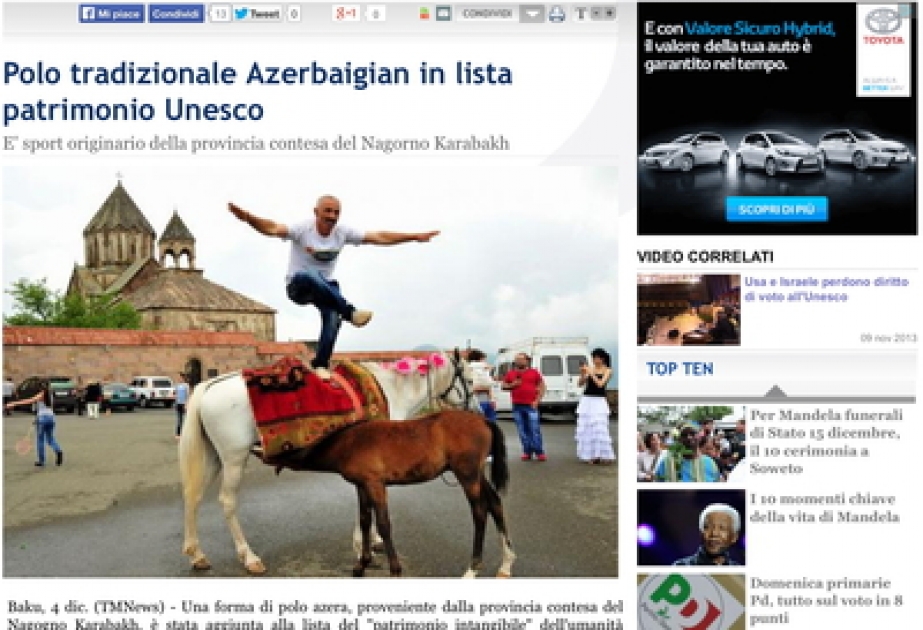Italienische Nachrichtenagentur „TMNews” einen Artikel über die Aufnahme eines von Nationalen Reiterspielen Aserbaidschans “Tschovgan” in die Liste des immateriellen Kulturerbes der UNESCO veröffentlicht