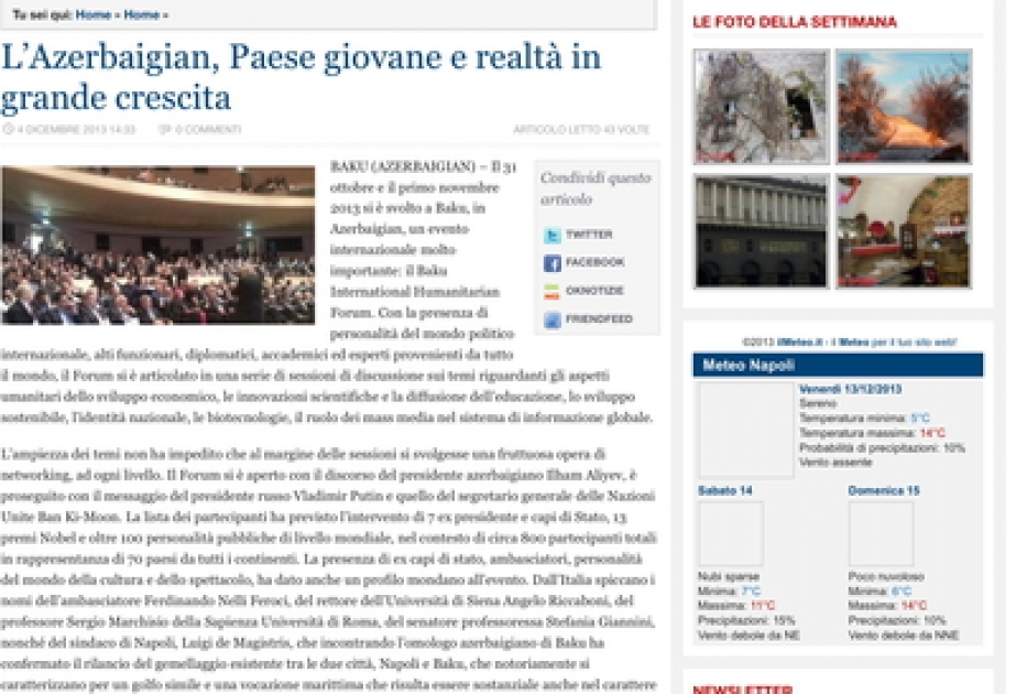Italian “Lo Speaker” web portal posts article on Azerbaijan