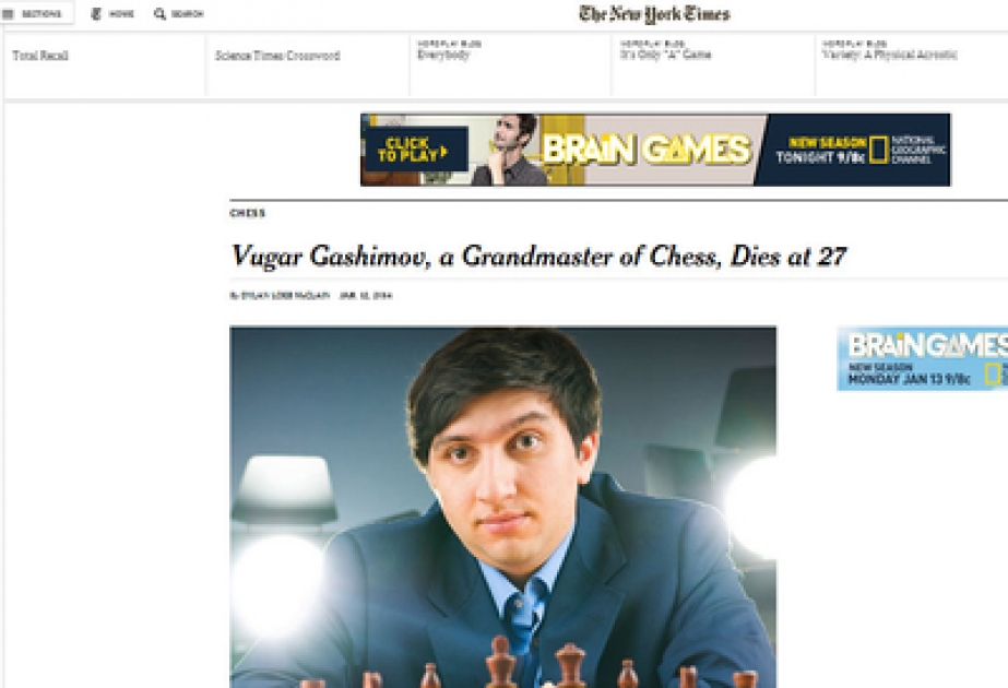 The New York Times: Vugar Gashimov, a Grandmaster of Chess, Dies at 27