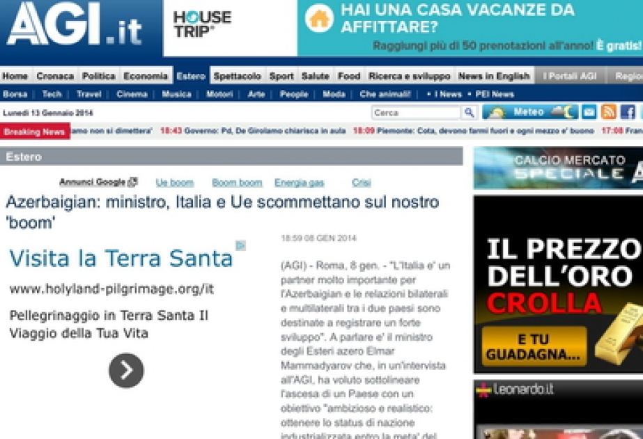 Azerbaijani FM interviewed by Italian media outlets