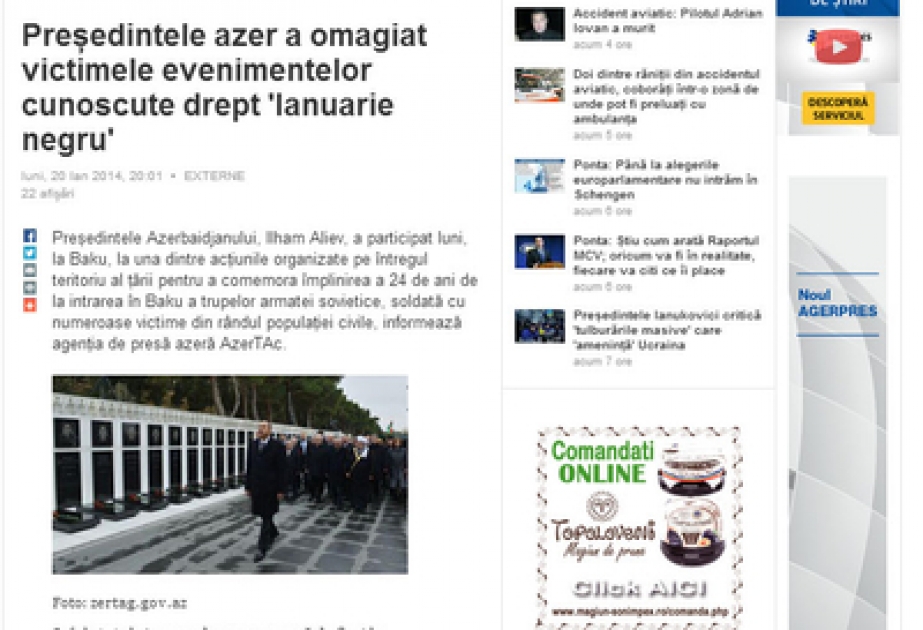 Rumıniya mətbuatında Qanlı Yanvar faciəsinin 24-cü ildönümü ilə əlaqədar məlumatlar yayılmışdır