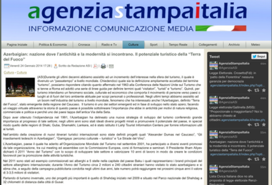“Agenzia Stampa İtalia” news agency posts article on Azerbaijan’s tourism potential