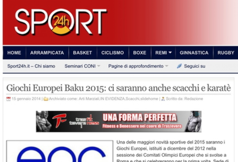На итальянском спортивном сайте «Sport 24h» размещена статья о Европейских играх «Баку-2015»
