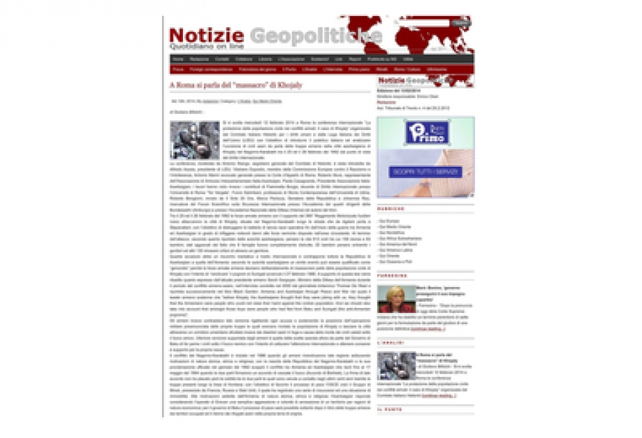 İtaliyanın “Notizie Geopolitiche” xəbər portalında Xocalı soyqırımı ilə bağlı məqalə yerləşdirilmişdir